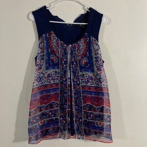 Style & Co Sleeveless Top Womens Large Navy Blue Paisley Lace Mixed Media Boho